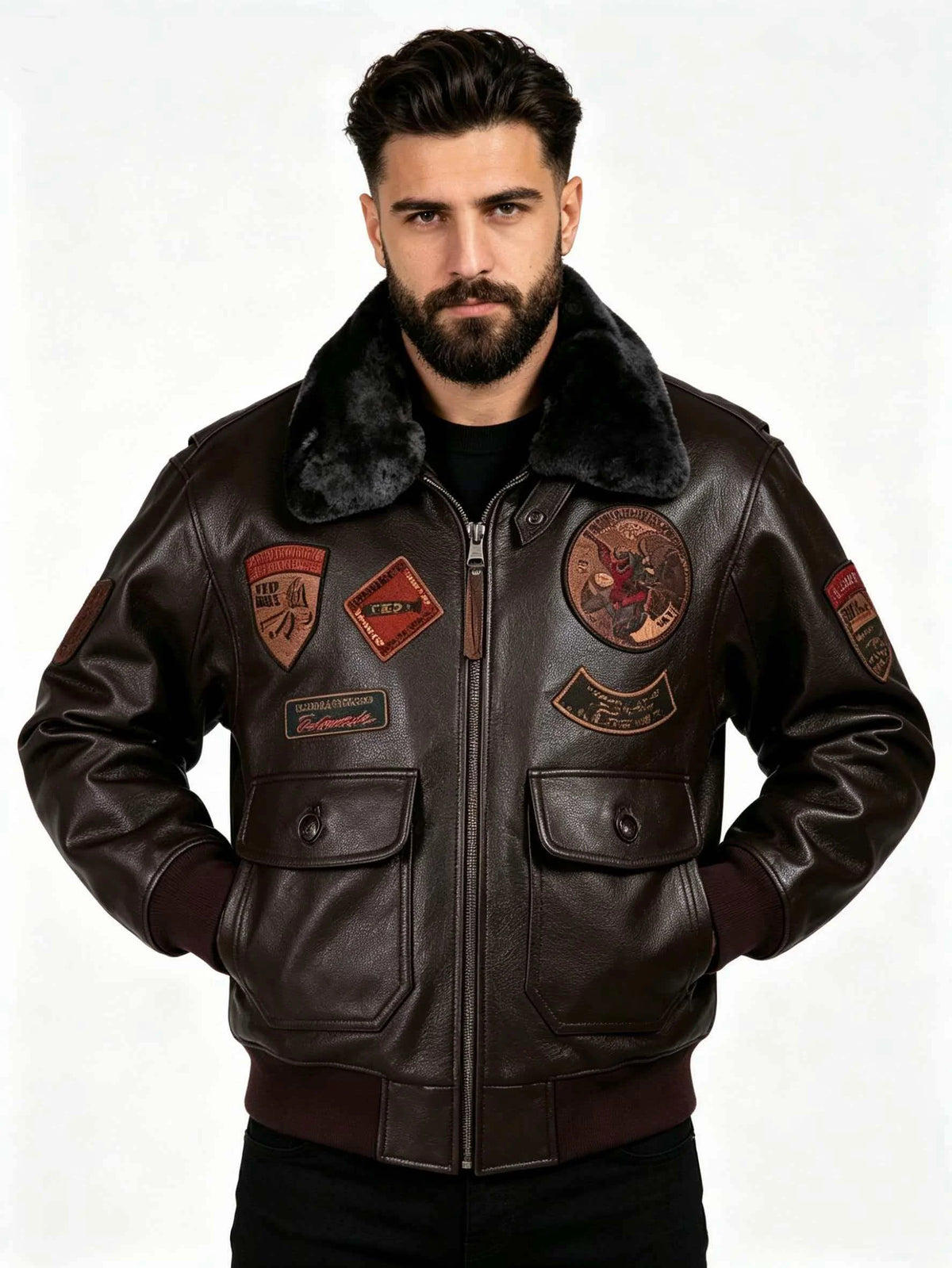 Dark Brown Winter Leather Jacket Men Retro Style Europe Size Genuine Natural Thick Cowhide Turn-Down Collar G1 Flight Coat