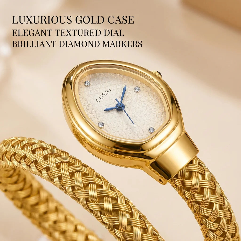 4pc Women's Gold Braided Metal Elegant Diamond Accent Sunglasses Perfume Quartzartz Watch Gift Box Set Daily Wear Valentine