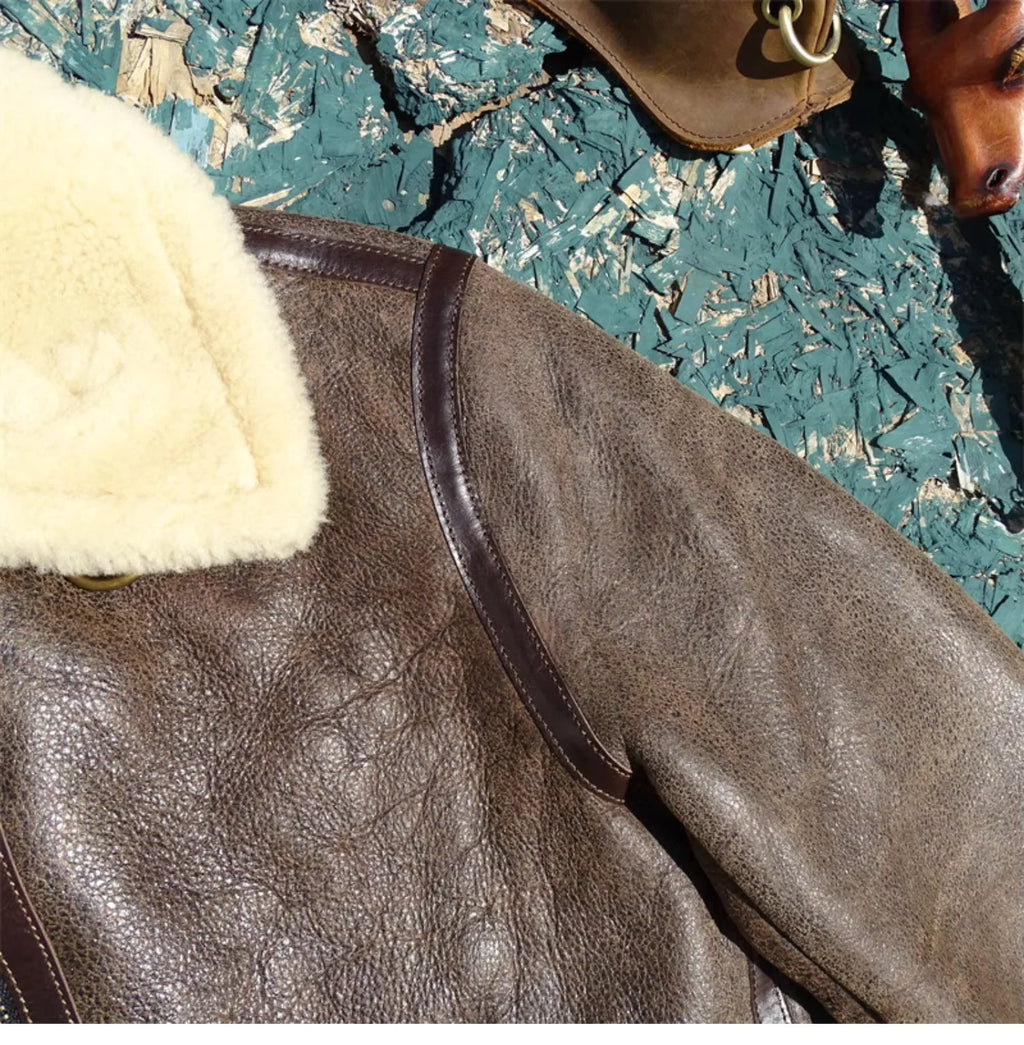 Dark Brown Winter Shearling Jacket Men Retro Style Plus Size 5XL Genuine Natural Thick Sheepskin B6 Bomber Flight Coat