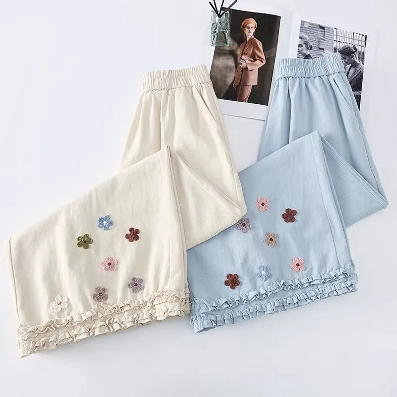 High Waist Thin Wide Leg Pants Women's Spring Summer Fashion Casual Loose Fit Nine Point Straight Cut Pants Lace Trim