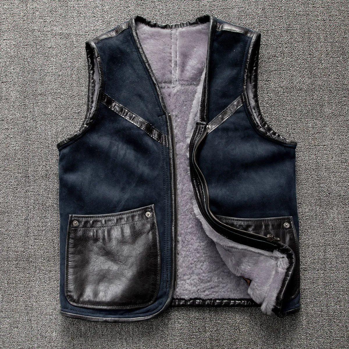 Blue Autumn Leather Vest Men Retro Style Plus Size 5XL Real Natural Sheepskin O-Neck Collar Slim Fit Shearling Sleeveless Coat