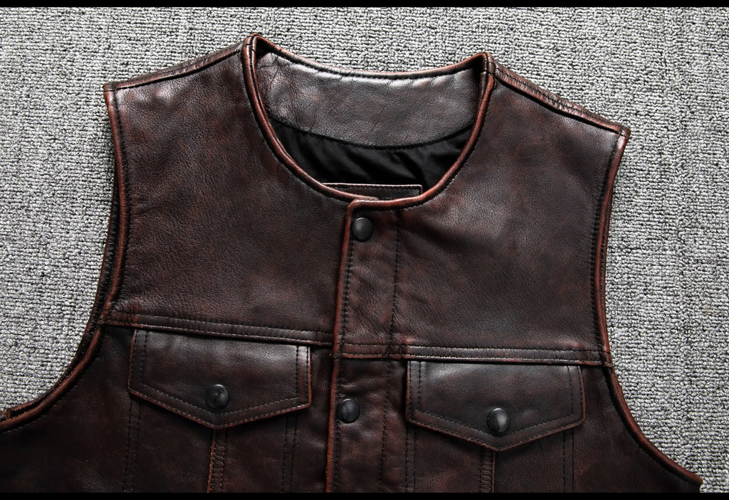 Red Brown Spring Leather Vest Men Retro Style Plus Size 6XL Genuine Natural Cowhide O-Neck Collar Slim Fit Short Sleeveless Coat