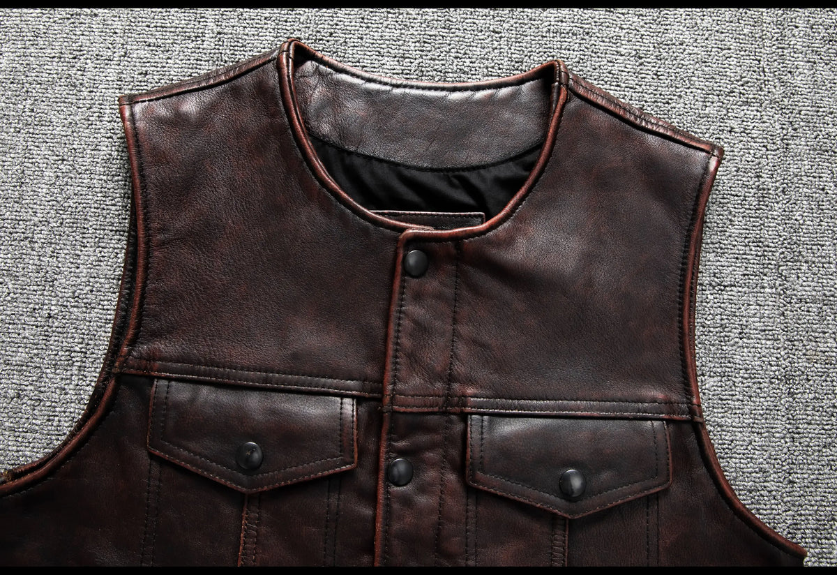 Red Brown Spring Leather Vest Men Retro Style Plus Size 6XL Genuine Natural Cowhide O-Neck Collar Slim Fit Short Sleeveless Coat