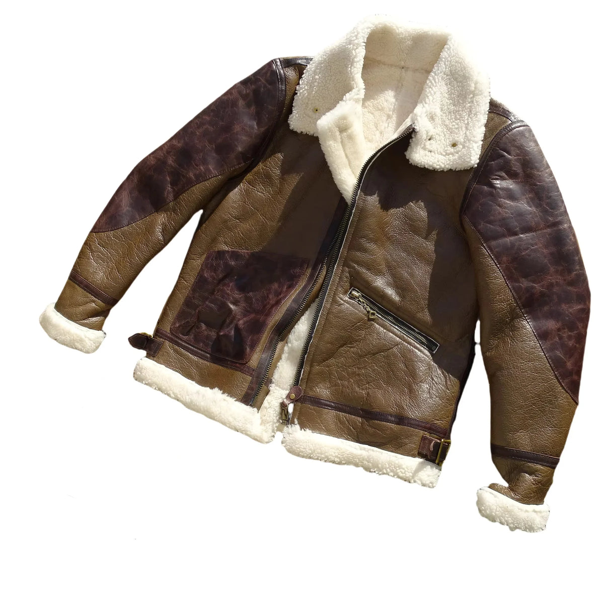 Men's B-3 Bomber Shearling Jacket Brown Black Two-Tone Genuine Leather Winter Warm Flight Pilot Coat Vintage Spliced