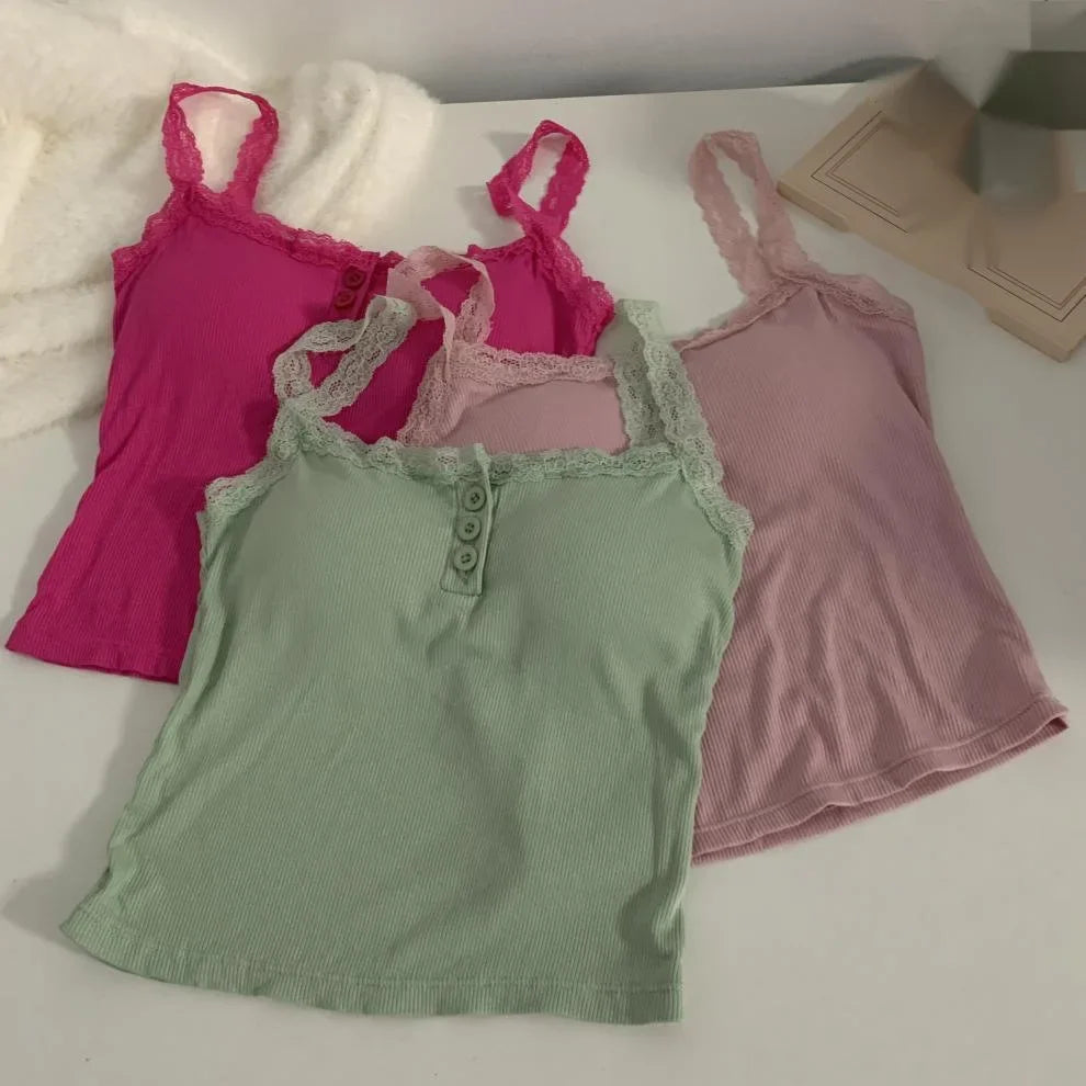 plus Size Lace Insert Camisole Tank Top with Chest Pad Inner Wear Outerwear Design Sense Bottoming Vest Big Size Women