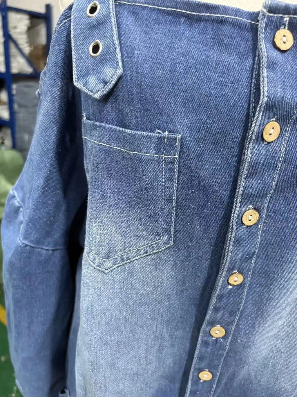 Sexy Fashion Shoulder Bared Denim Overalls with Pockets Wide Leg Street Style Loose Waist Cotton Blend Polyester Blend