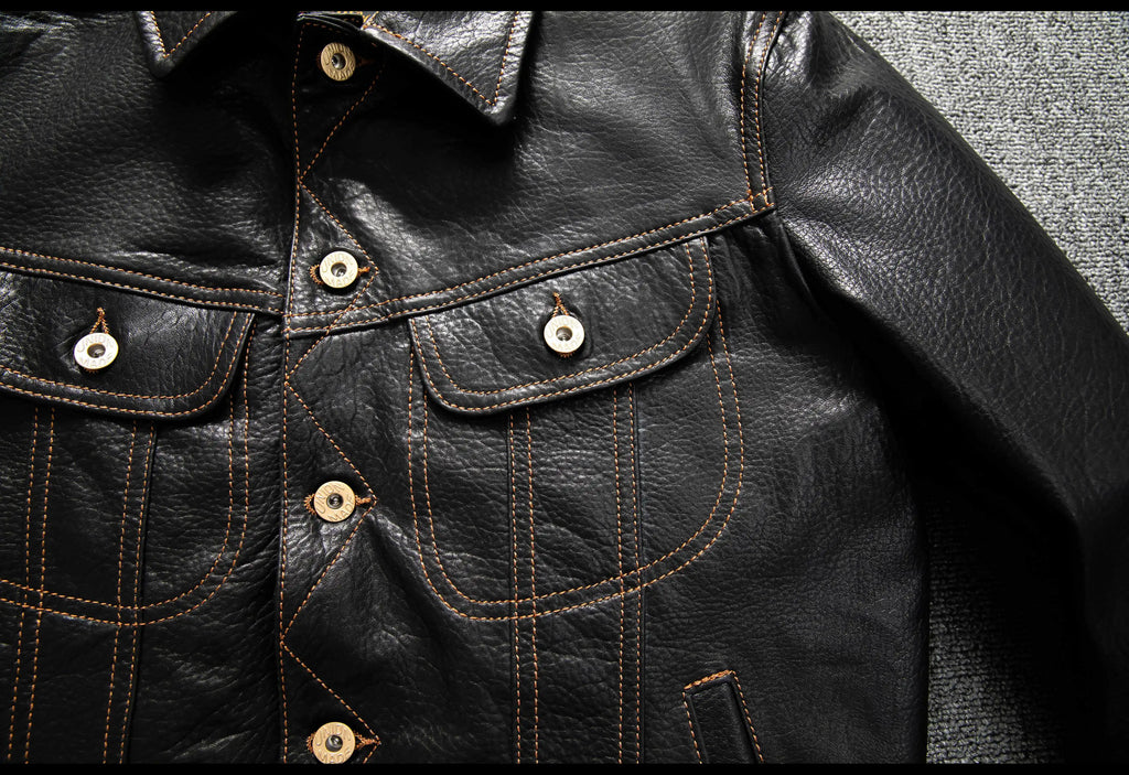 Men's Genuine Sheepskin Leather Trucker Jacket Black Type III Denim Cut Cream Contrast Stitch Brass Snap Short Casual Coat