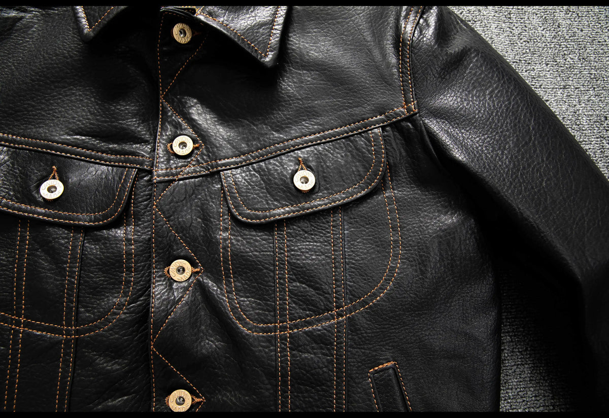 Men's Genuine Sheepskin Leather Trucker Jacket Black Type III Denim Cut Cream Contrast Stitch Brass Snap Short Casual Coat
