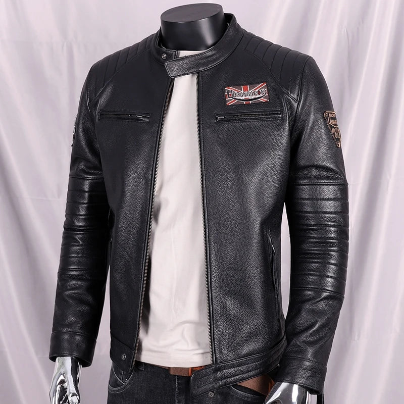 Black Autumn Leather Jacket Men Sports Style Plus Size 5XL Genuine Natural Cowhide Stand Collar Slim Fit Short Coat