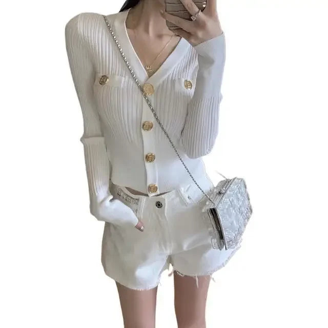 Fashionable Early Autumn Open Cardigan Slim Fit Waist Highlight Pure Color Knitted Sweater Short Style for Elegant Women