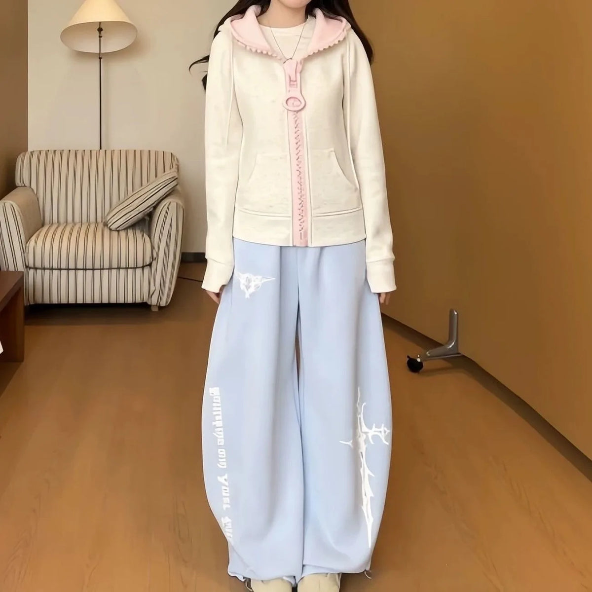 2026 New American High Street Lazy Early Eight Fashion Color Block Slimming Casual Wide Leg Pants Elegant Casual Trousers