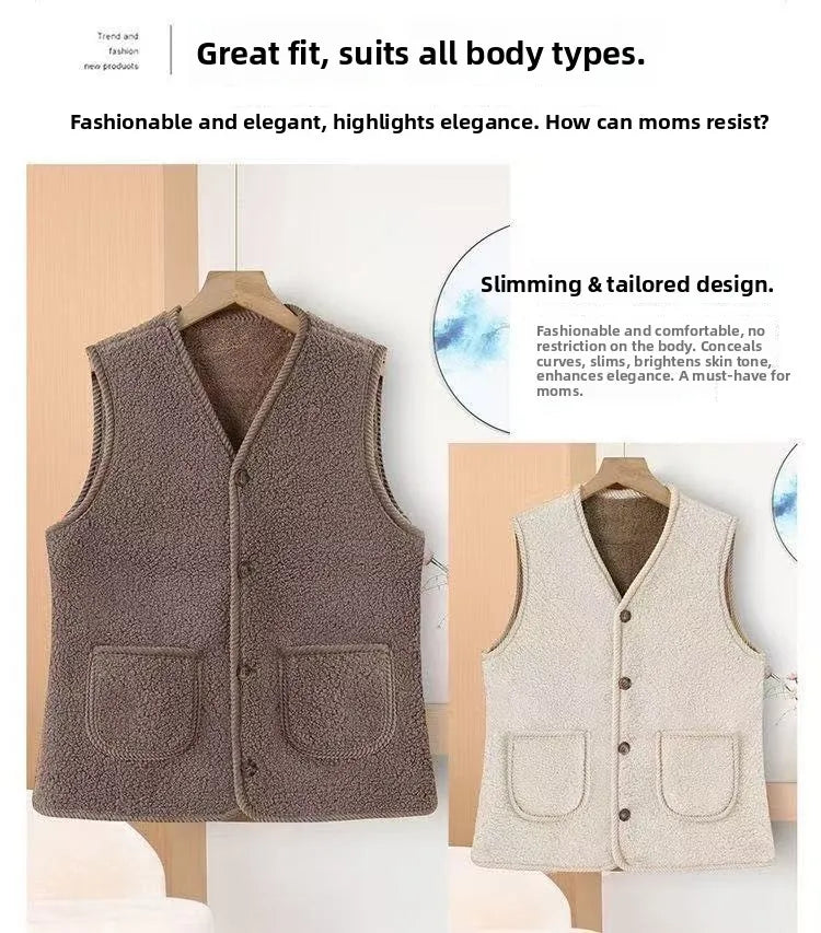 Lamb Fur Vest Thickened Fleece Warm Outerwear for Women Autumn Winter V-neck Striped/Plaid Style Single Button Closure Comfor...
