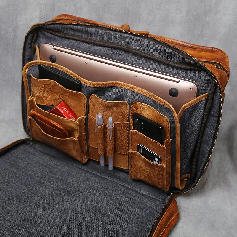NZPJ Retro Men's Briefcase Top Layer Cowhide Handbag Travel Bag Handmade Leather Laptop Business Bag Shoulder Crossbody Bag