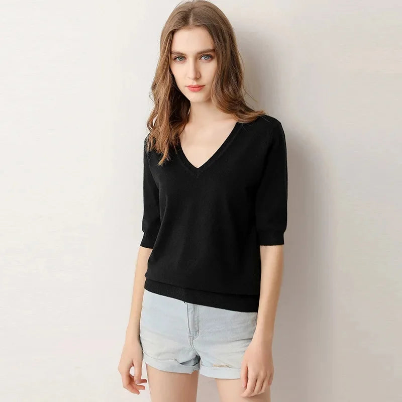 Spring Autumn New Style V-Neck Thin Knitted Loose Short Sleeve Women's T-Shirt Thin Summer Top Comfortable Base Layer Shirt