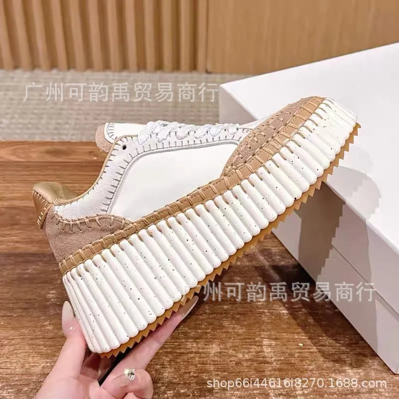 New 2025 Women's Thick Bottom Sports Shoes Sewn Casual Cowhide High Toppling Bottom Flat Shoes Comfortable Breathable Leather