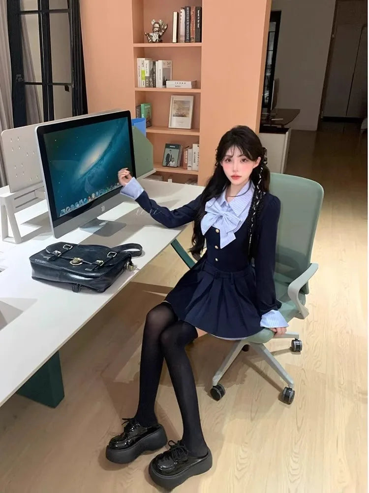 Fall Korean Style INS Dress Set Fake Two-Piece Polo Collar Long Sleeve Short Skirt A- Line Pleated Skirt Atmosphere Rich Girl