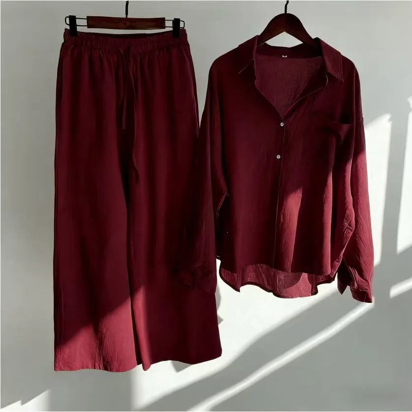 Retro Large Size Cotton Linen Shirt Set High Waist Loose Pants Two Piece Set Women's Clothing Casual Fashion Summer Season