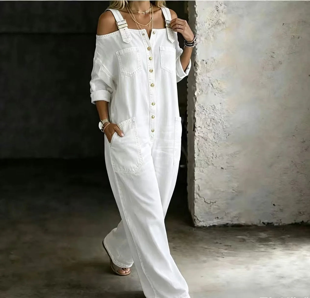 Sexy Fashion Shoulder Bared Denim Overalls with Pockets Wide Leg Street Style Loose Waist Cotton Blend Polyester Blend