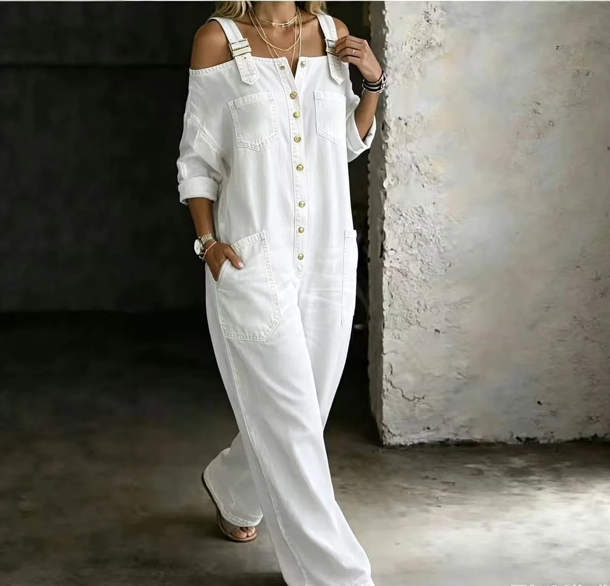 Sexy Fashion Shoulder Bared Denim Overalls with Pockets Wide Leg Street Style Loose Waist Cotton Blend Polyester Blend