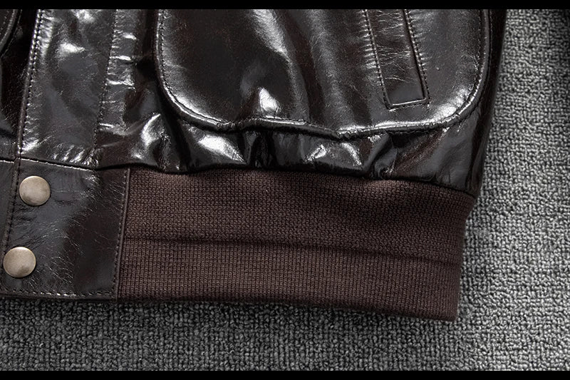 Men's Genuine Leather Military Flight Jacket | Real Leather Embroidered Patches G-1 Bomber Pilot High-Gloss Oil-Wax Brown