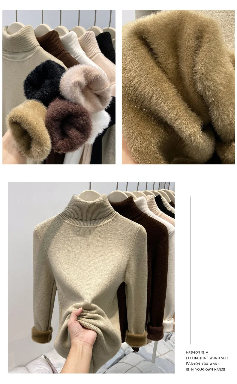 Thickened High Collar One-Piece Fleece Knitted Sweater Women Winter Slim Fit Inner Wear Fashionable Basic Style Base Shirt