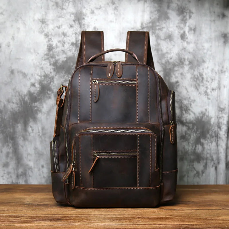 NZPJ Retro Genuine Leather Men's Backpack Top Layer Cowhide Backpack  Fashion Men's Bag Crazy Horse Skin Travel Computer Bag