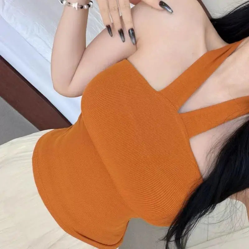 Korean Dongdaemun New Style Slim Fit Shoulder Baring Vest Top Pure Color Short Sleeveless Sexy Body Shaping Cotton T-Shirt