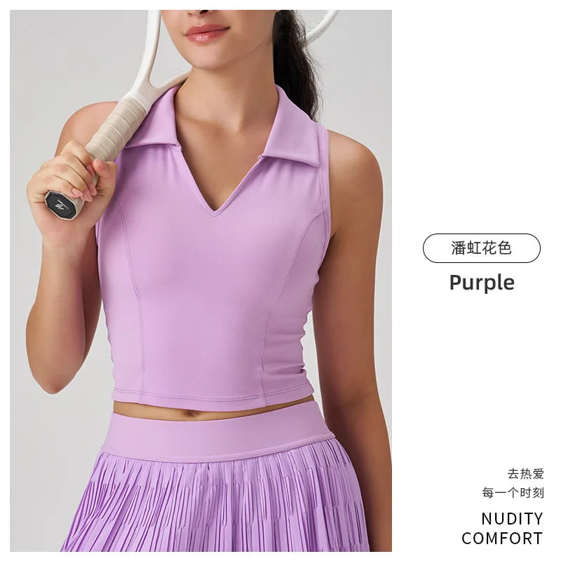 Outdoor Fitness Tennis Outfit Polo Shirt Sleeveless Collared Yoga Vest Breathable Nylon Spandex Slim Fit Youth Women's Top