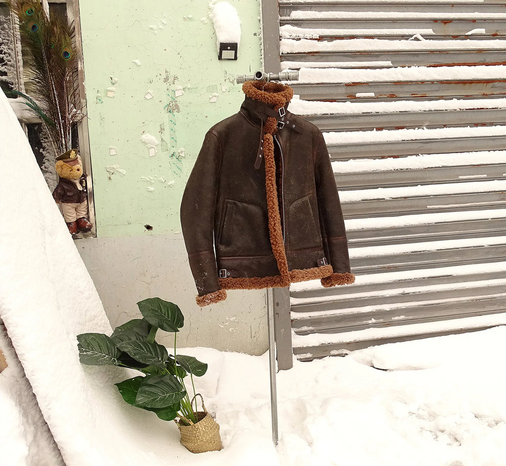 Dark Brown Winter Shearling Jacket Men Retro Vintage Style Plus Size 4XL Genuine Natural Sheepskin Bomber Military Flight Coat