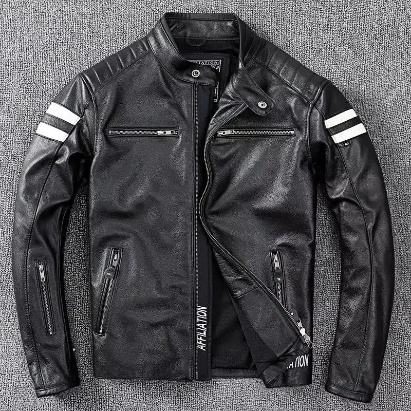 Blue Spring Leather Jacket Men Sports Style Plus Size 3XL Genuine Natural Cowhide Stand Collar Slim Fit Leather Coat