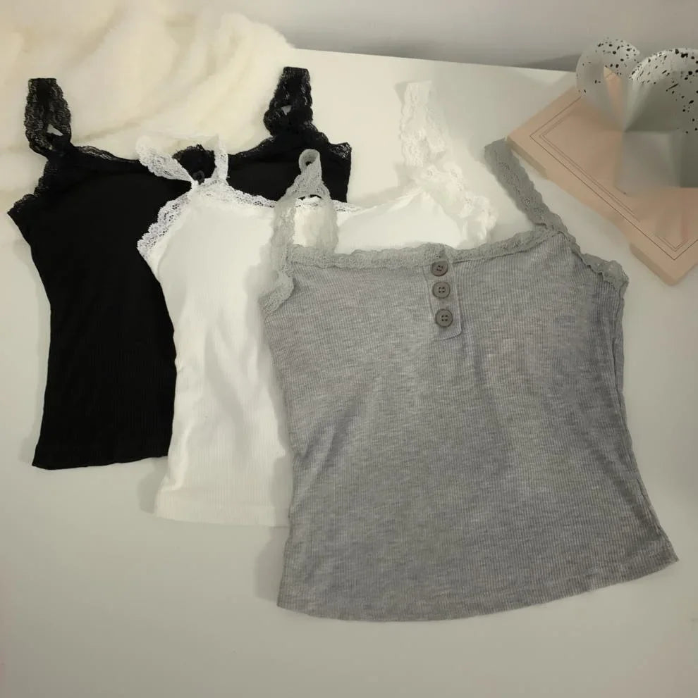 plus Size Lace Insert Camisole Tank Top with Chest Pad Inner Wear Outerwear Design Sense Bottoming Vest Big Size Women