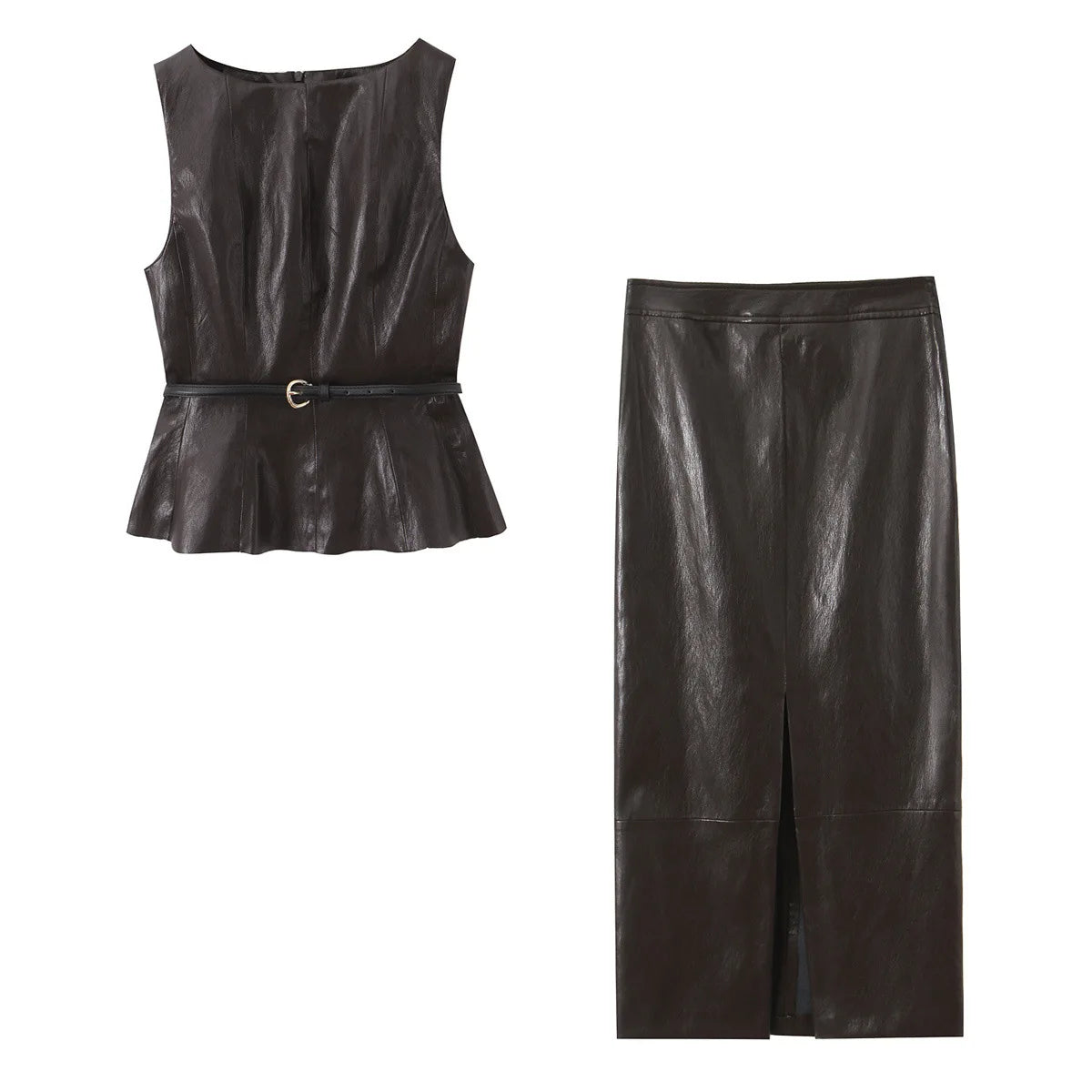 Spring New Style Leather Effect Slim Waist Belt Sleeveless Top Midi Skirt Set Comfortable Casual Korean Style Polyester Fabric