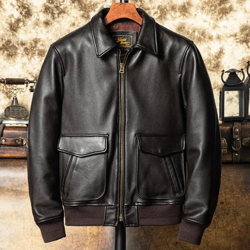Dark Brown Autumn Leather Jacket Men Retro Style Plus Size 5XL Genuine Natural Cowhide Turn-Down Collar Military A2 Flight Coat