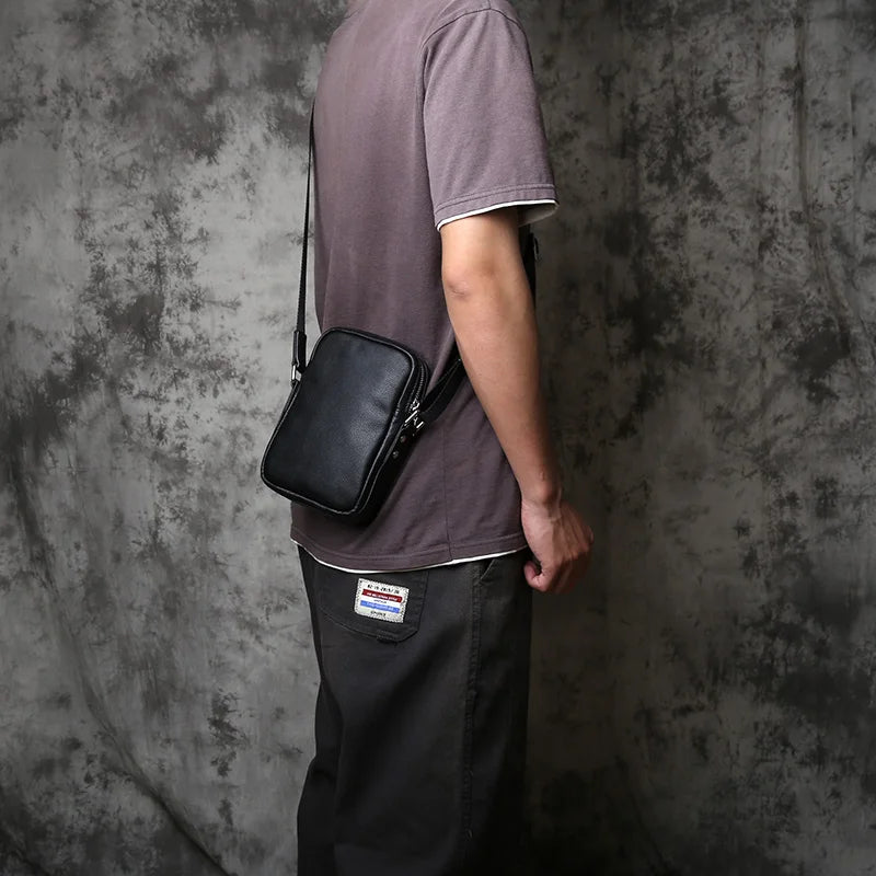 NZPJ Genuine Leather Men's Shoulder Bag, Top Layer Cowhide Crossbody Bag, Fashionable Men's Bag, Vertical Mobile Phone Bag