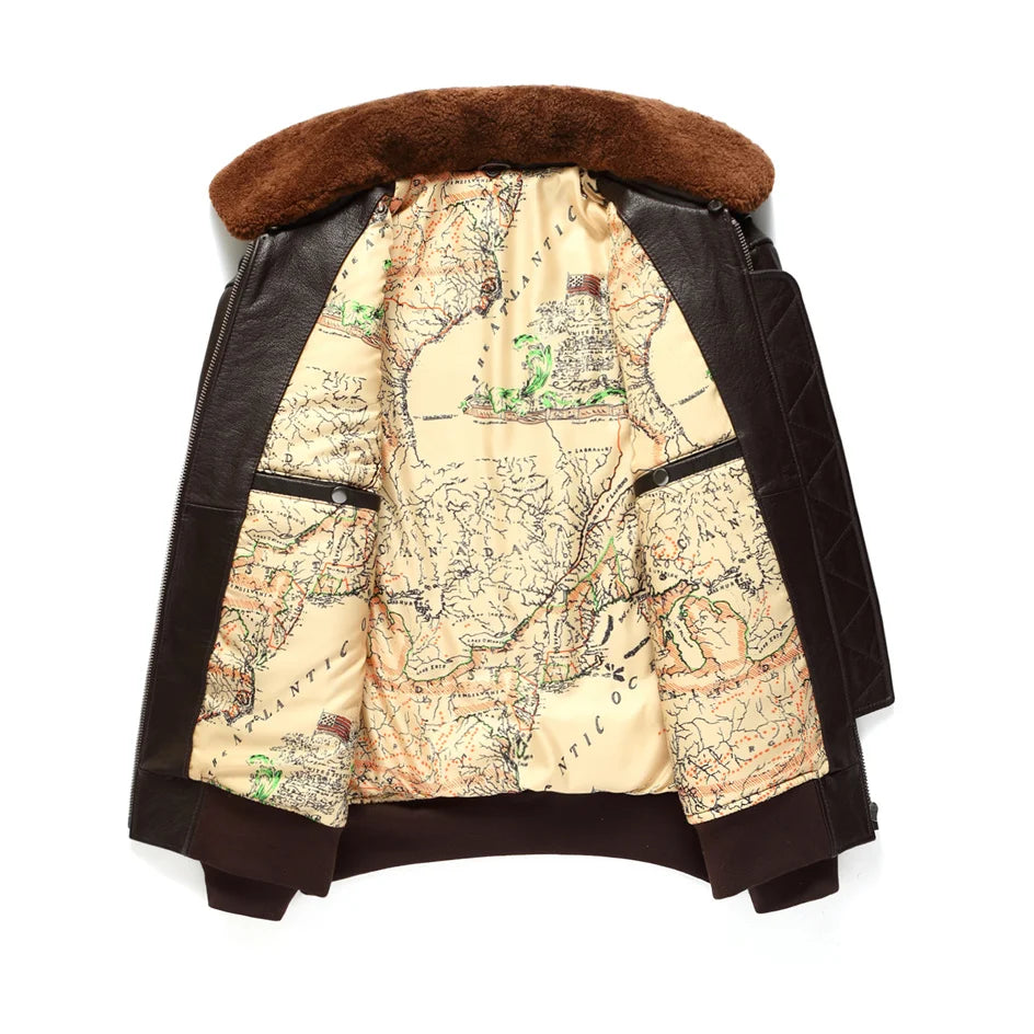 Dark Brown Pilot Leather Jacket Men Retro Style Genuine Natural Thick Cowhide Wool Collar Winter Military G1 Flight Coat