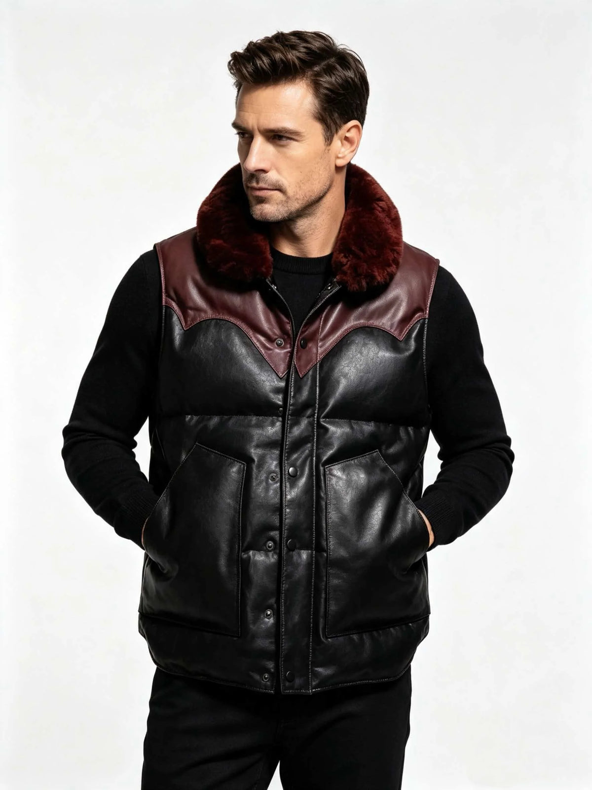 Black Winter Leather Vest Men Retro Style Plus Size 5XL Genuine Natural Sheepskin Wool Collar Single Breasted Spliced Coat