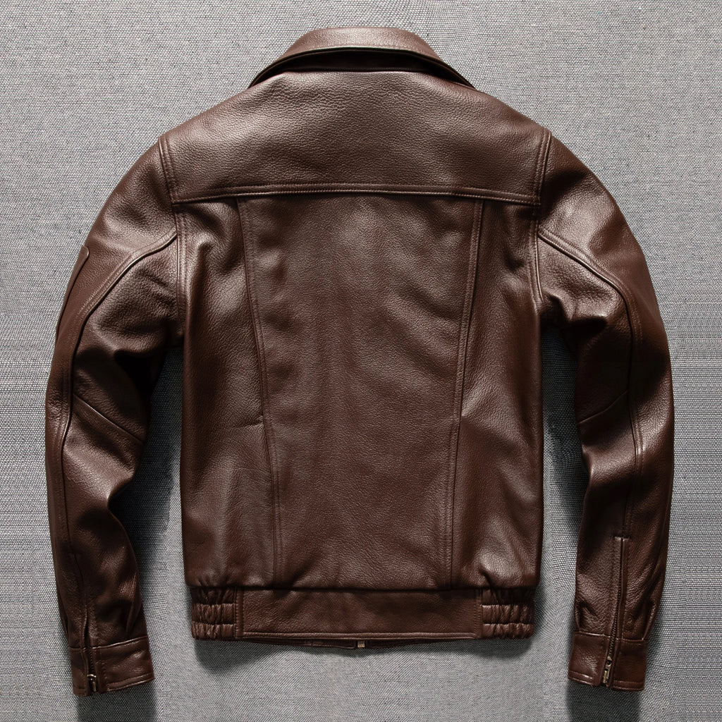 Men's Brown Leather Jacket  Vintage Flight Jacket with Stand Collar, Military Style, Front Zipper, Sleeve Pocket, Ribbed Hem