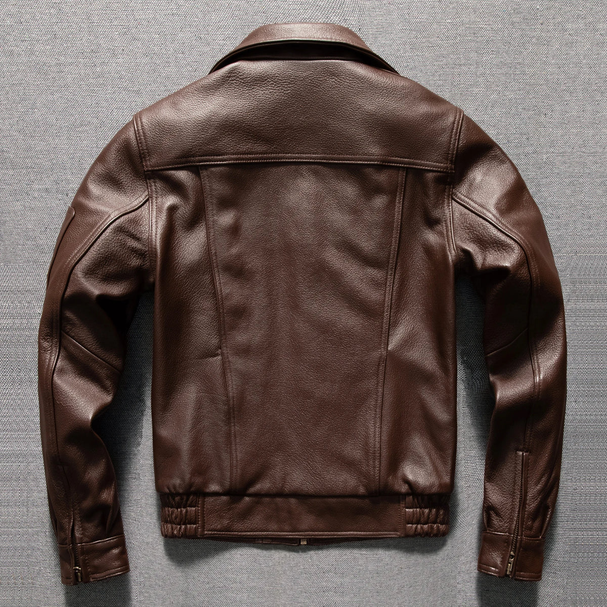 Men's Brown Leather Jacket  Vintage Flight Jacket with Stand Collar, Military Style, Front Zipper, Sleeve Pocket, Ribbed Hem