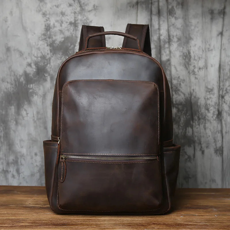 NZPJ Vintage Genuine Leather Men's Backpack Top-Grain Cowhide Large-Capacity Travel Backpack Crazy Horse Leather  Laptop Bag