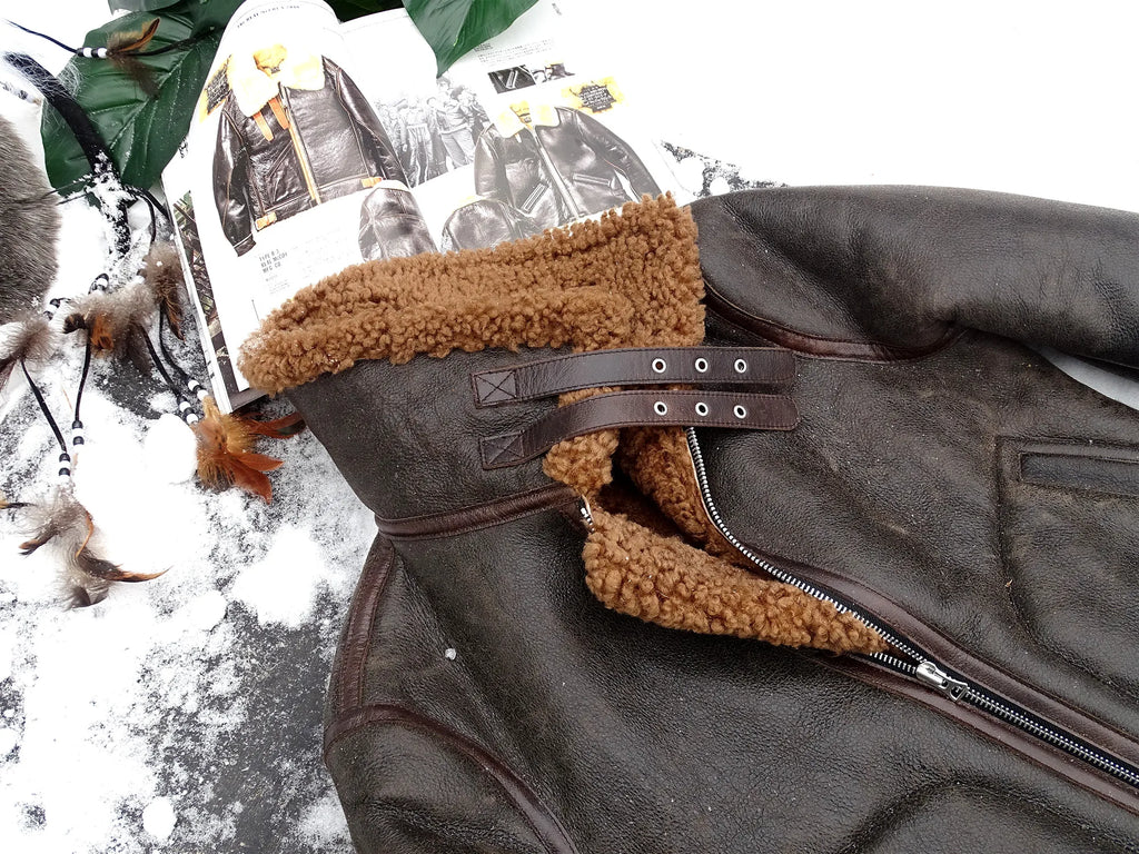 Dark Brown Winter Shearling Jacket Men Retro Vintage Style Plus Size 4XL Genuine Natural Sheepskin Bomber Military Flight Coat