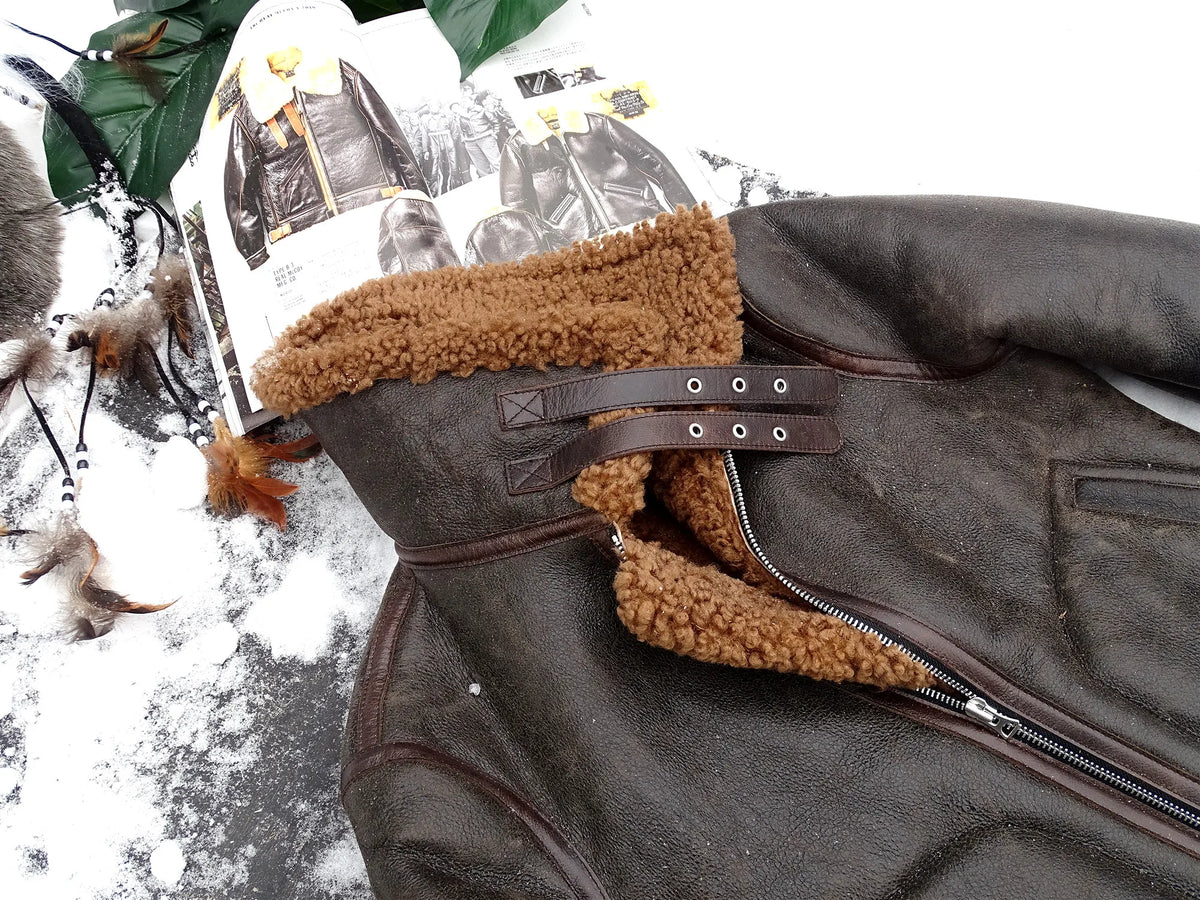 Dark Brown Winter Shearling Jacket Men Retro Vintage Style Plus Size 4XL Genuine Natural Sheepskin Bomber Military Flight Coat