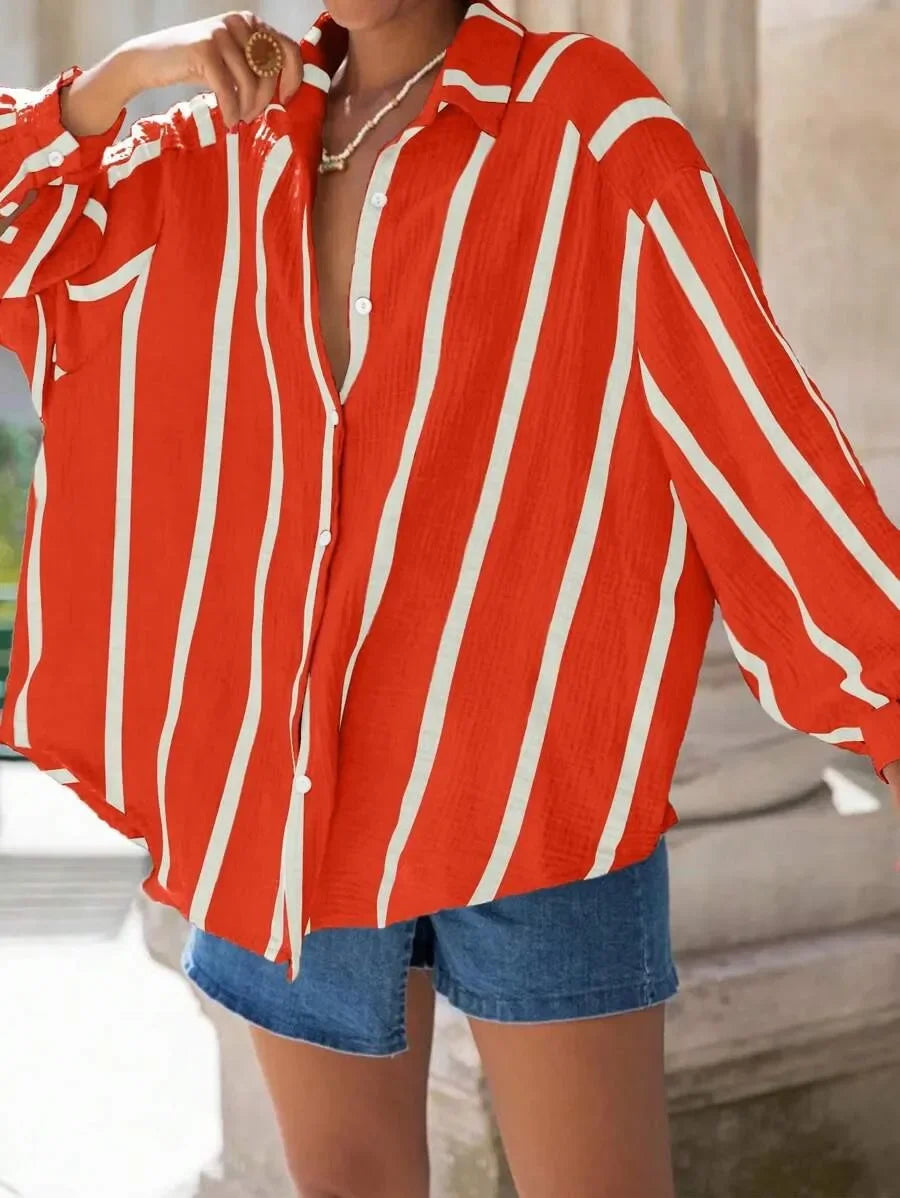 Women's Long Sleeve Button Cardigan Striped Shirt Slim Fit Polo Collar Full Length Autumn Winter New Style Cross Border Independ