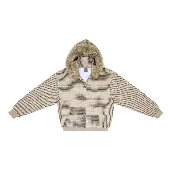 Retro American Striped Hoodie Jacket Women's Loose Fur Collar Outerwear Autumn Winter Zipper Open Cardigan Style Polyester