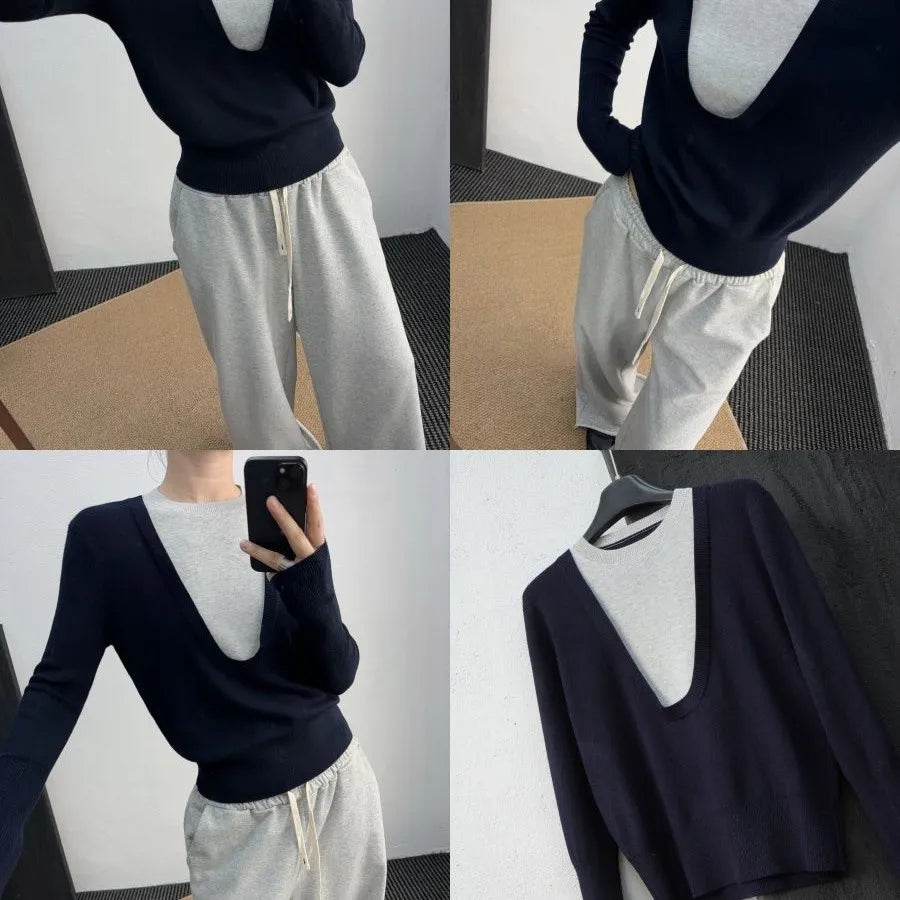 Andy Velvet Washed Large U-Neck Layered Slim Fit Knitwear Design Sensation Color Block Autumn Winter Top Polo Collar Sleeveless