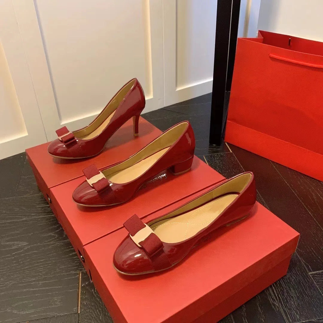 Comfortable round Toe High Version Spring New Style Red Shoes with Bow Tie Flat Heel Velvet Women Casual Shoes Ballet Flat