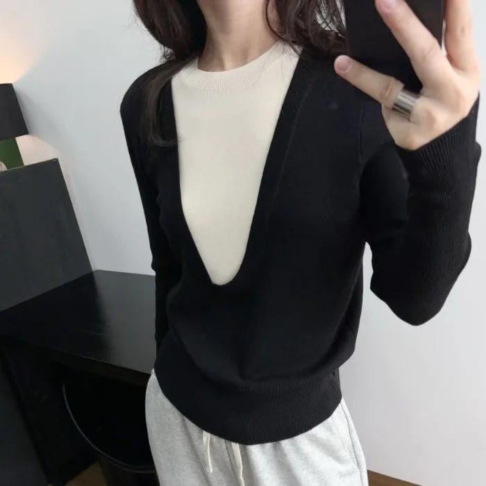 Andy Velvet Washed Large U-Neck Layered Slim Fit Knitwear Design Sensation Color Block Autumn Winter Top Polo Collar Sleeveless