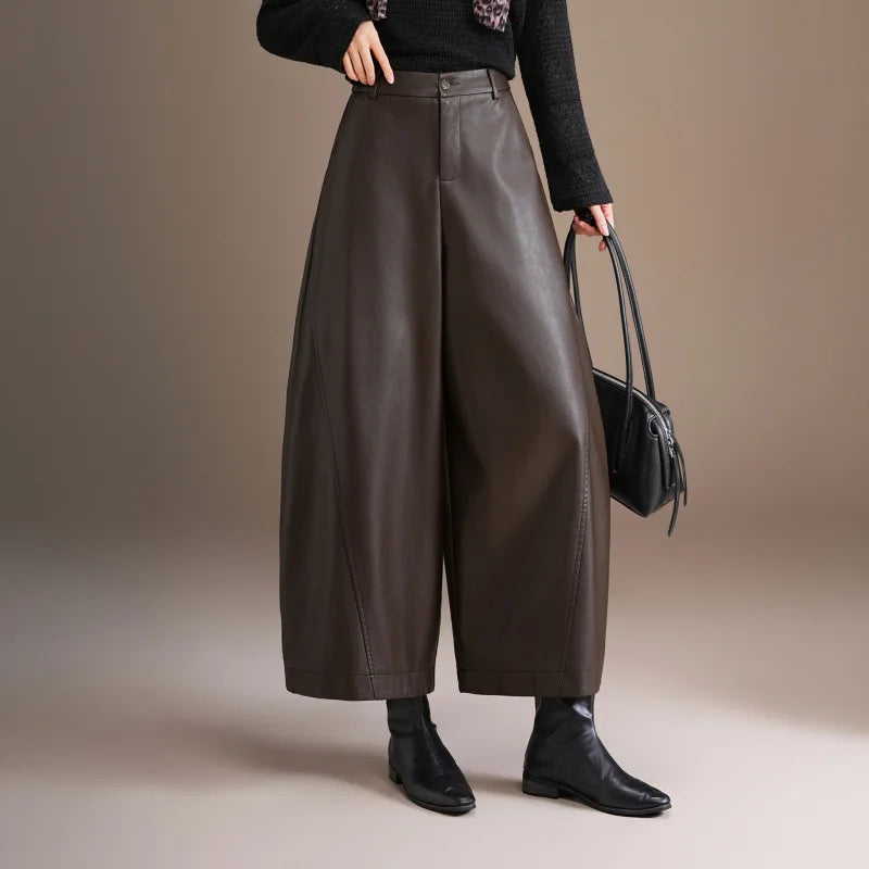Fashionable High Waist Sheepskin Leather Pants Women's 2026 New Style Nine Points Knife Edge Pants Versatile Ladies Design