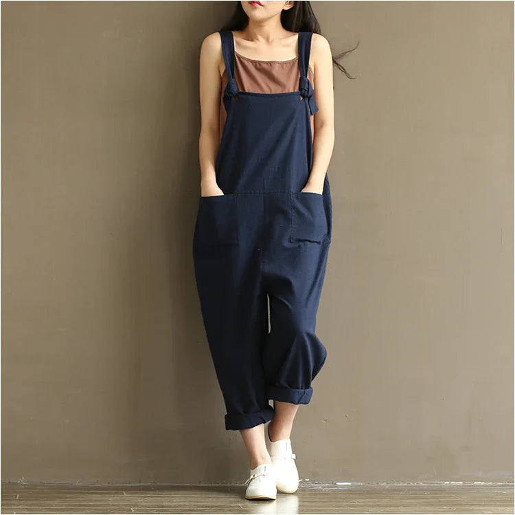 Artistic Vintage Deep Blues Cotton Strap Casual Trousers Women's 1701 European American Style