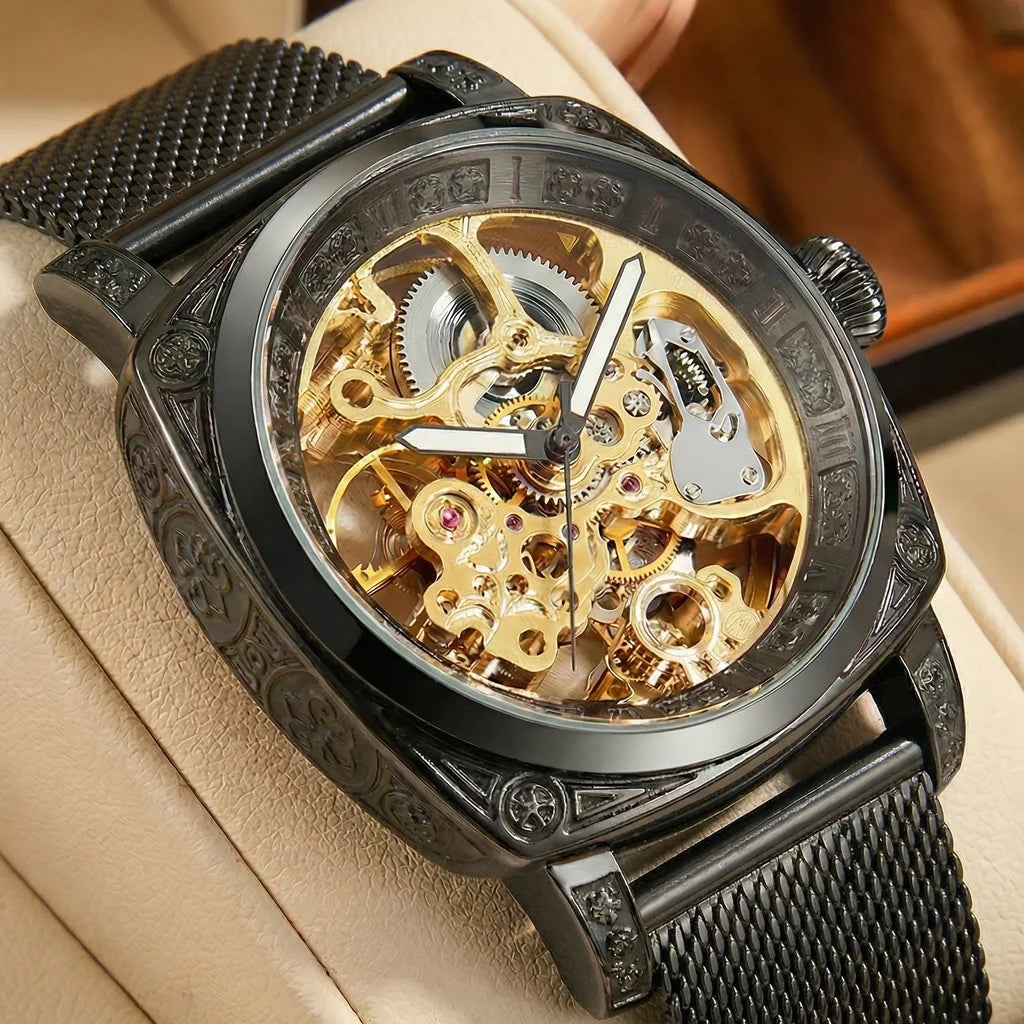 New Men's Watch with Gold Green Belt, Retro Style, Noble and Elegant Night Light Carving, Fully Automatic Mechanical Watch