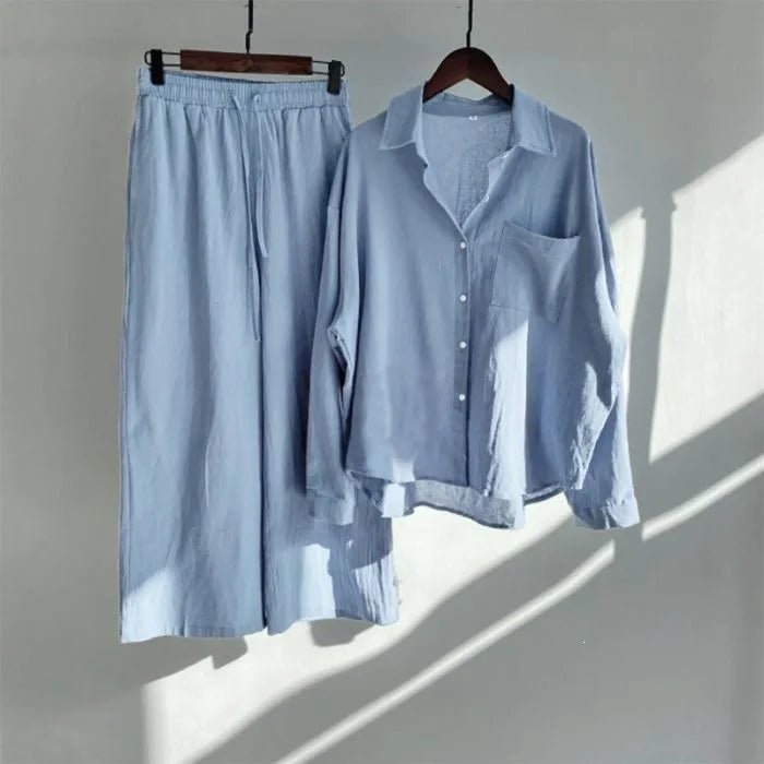 Retro Large Size Cotton Linen Shirt Set High Waist Loose Pants Two Piece Set Women's Clothing Casual Fashion Summer Season